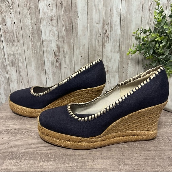 Jack Rogers Navy and Gold Wedge Espadrilles 7 - Picture 1 of 6